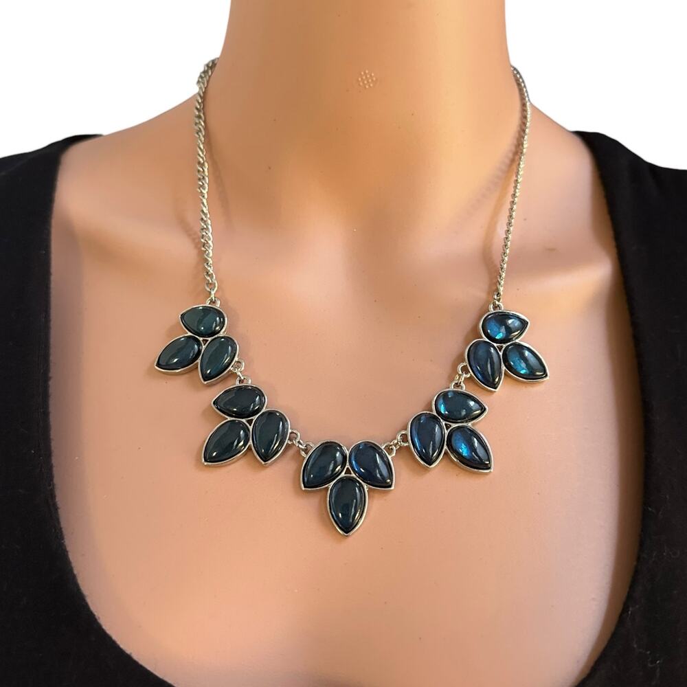 Blue Cabochon Statement Necklace Set Silver Tone Teardrop Stone Necklace Earring